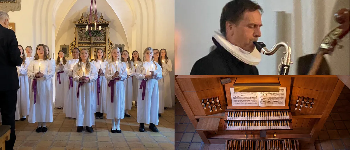 Banner: Pigekoret synger 1. søndag i advent, præst Sylvester Roepstorff spiller basklarinet, billede af orglet i Brønshøj Kirke