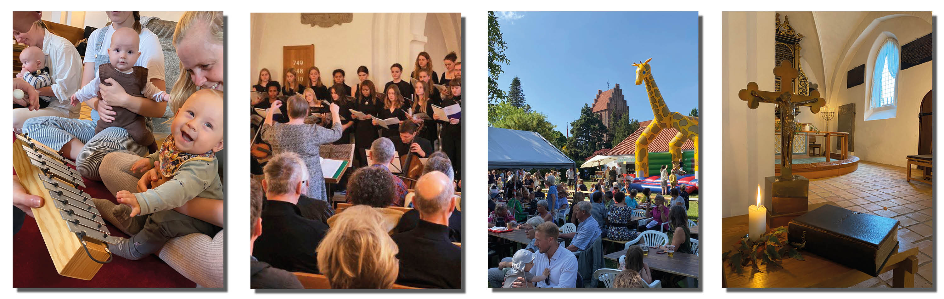 Top-banner med forskellige aktiviteter i Brønshøj Kirke; babysalmesang, kor, Sommerfest og andagt i kirken