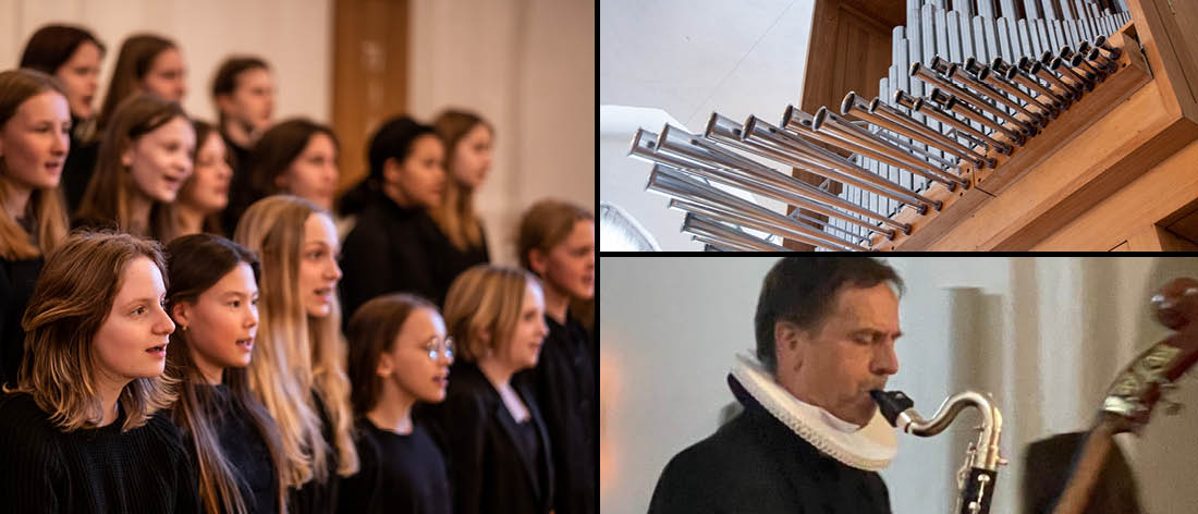 Banner: Pigekoret synger, præst Sylvester Roepstorff spiller basklarinet, billede af orglet i Brønshøj Kirke